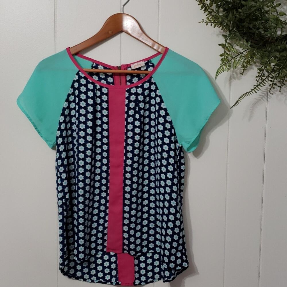 Stitch Fix Pixley Blue Pink Shirt Womens Sm Coquette Core Floral Feminine EUC